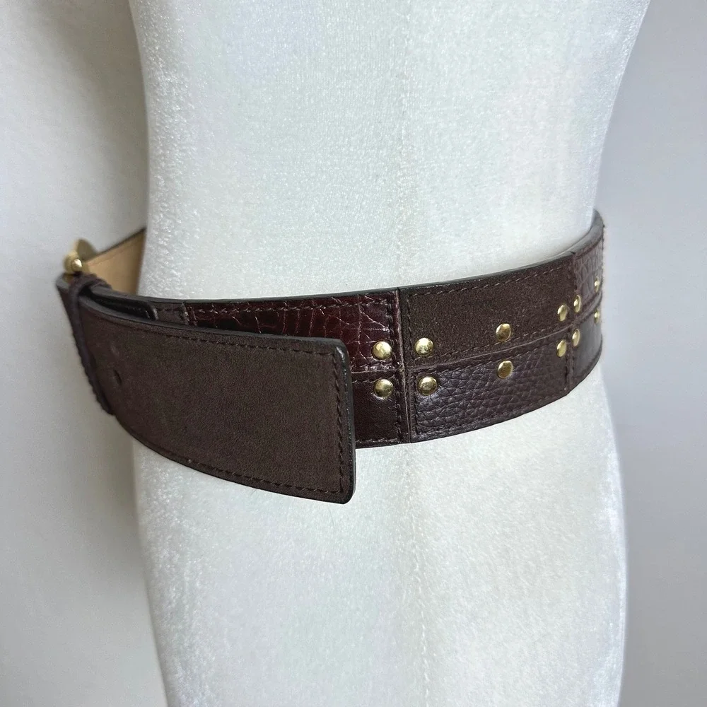 Michael‎ Kors Brown Leather Suede Patchwork Studded Waist Belt Gold Buckle Small